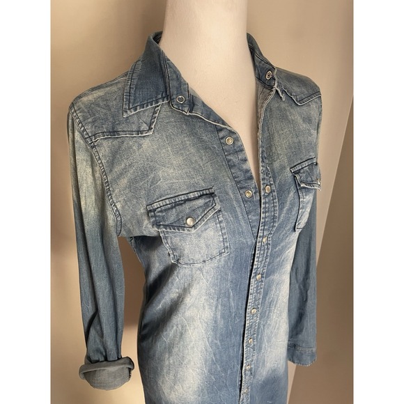 Johnny Was 3J Workshop Women S‎ Dress Provence Denim Pearl Snap Western Cowgirl